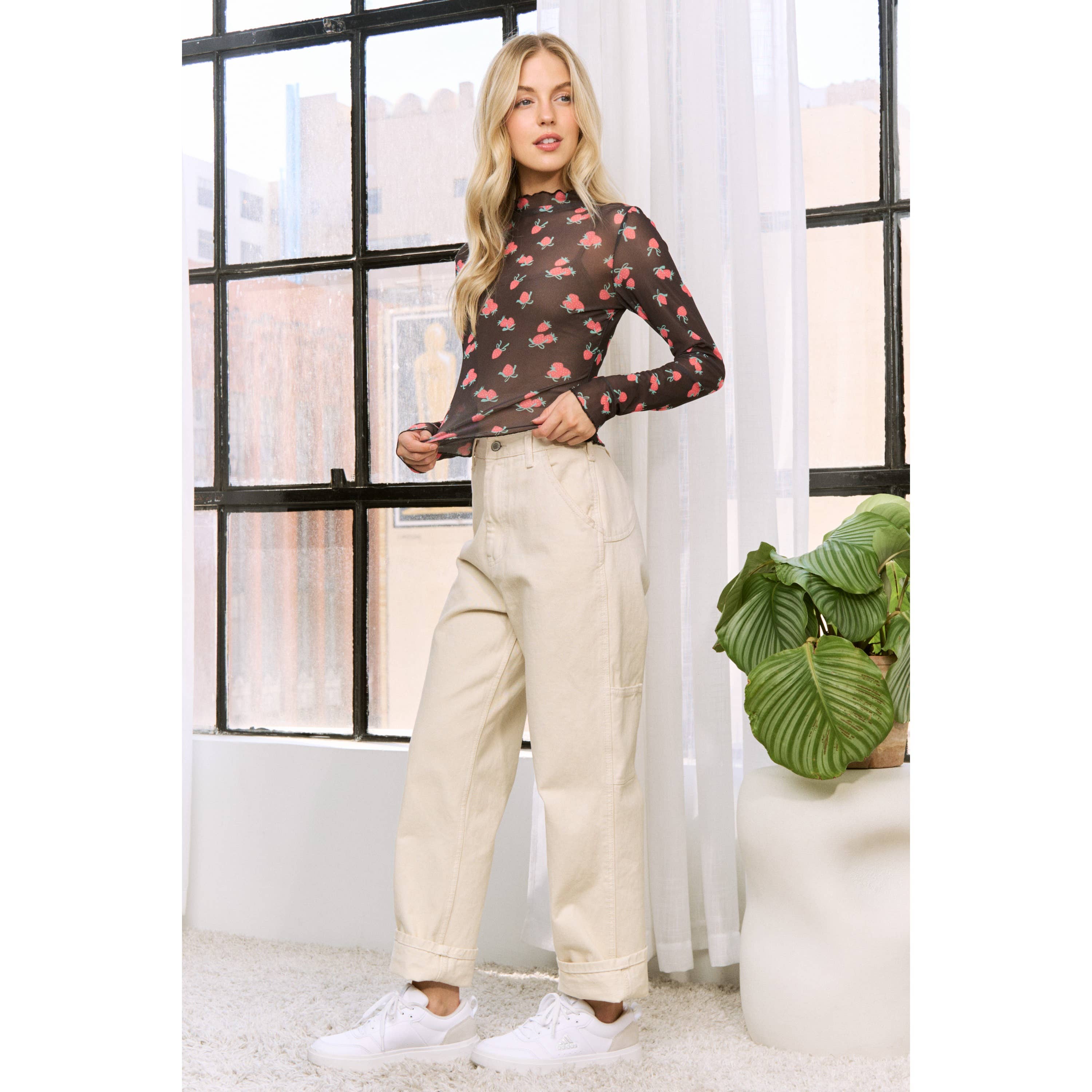 MESH STRAWBERRY PRINT HIGH NECKLINE CROP TOP