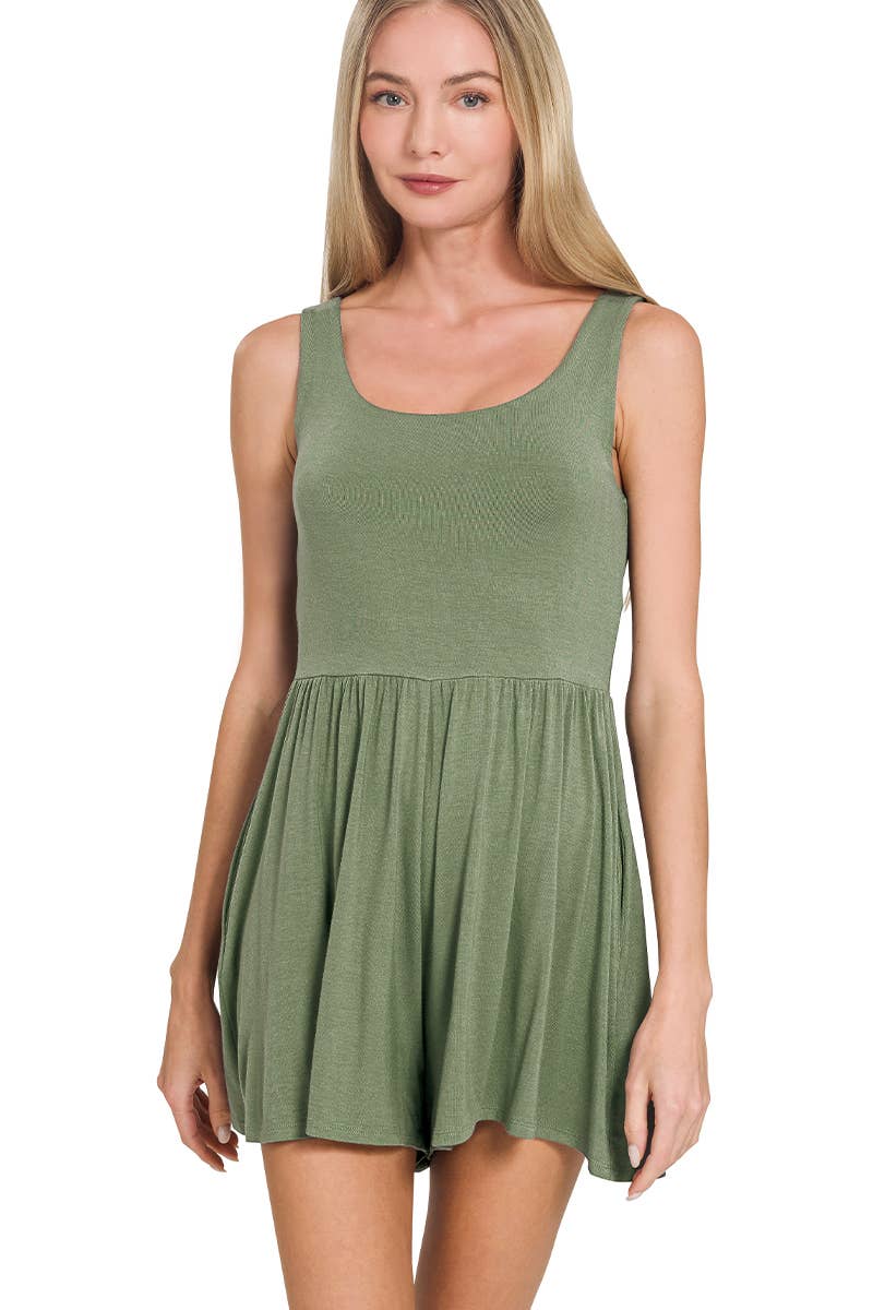 Double Layered Tank Romper W/ Pockets - Zenana