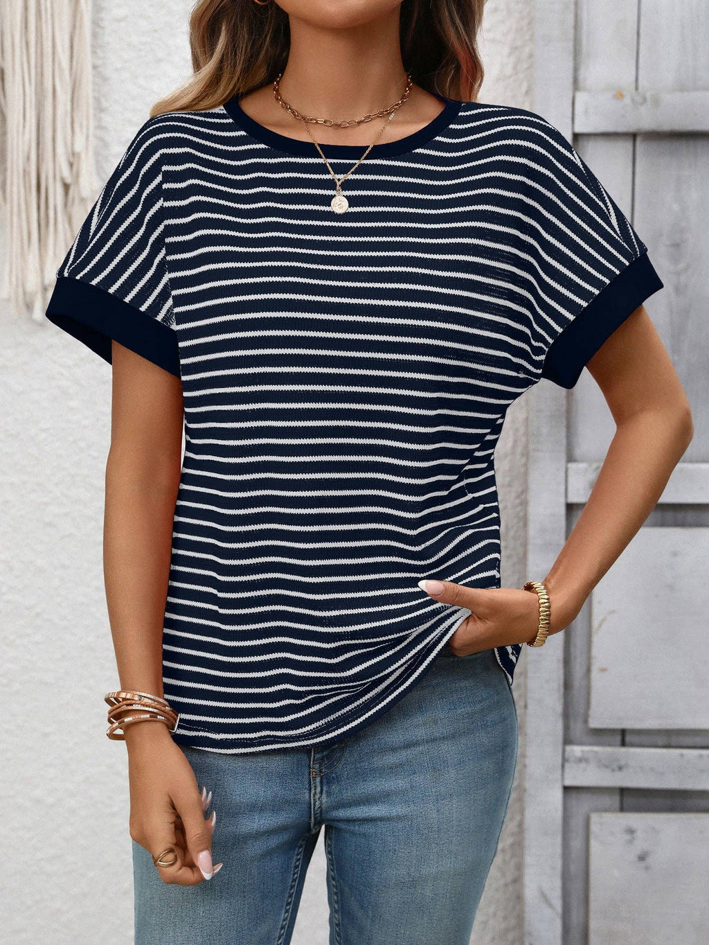 Striped Knit Tee Casual Oversized Boutique T Shirt