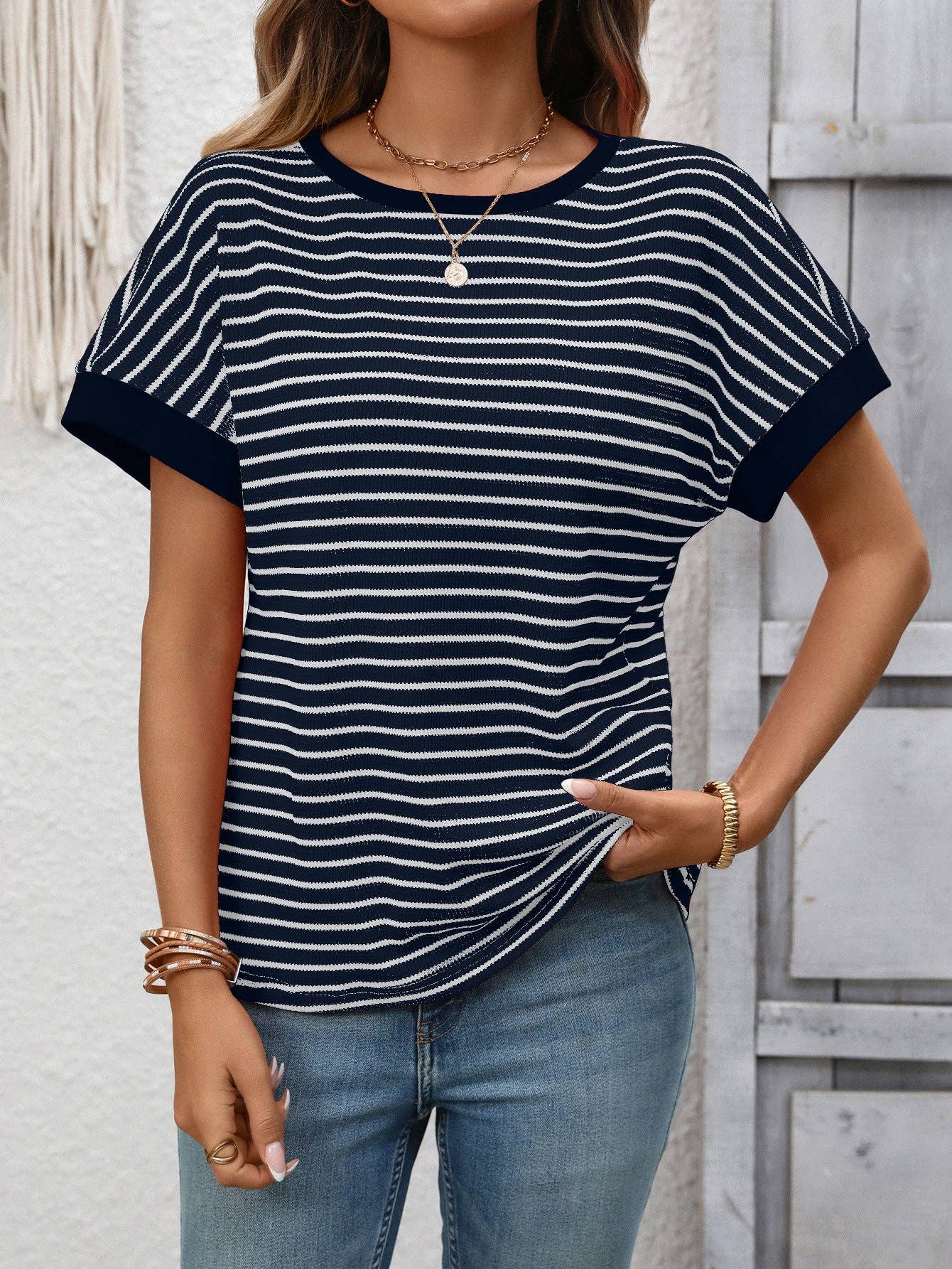 Striped Knit Tee Casual Oversized Boutique T Shirt