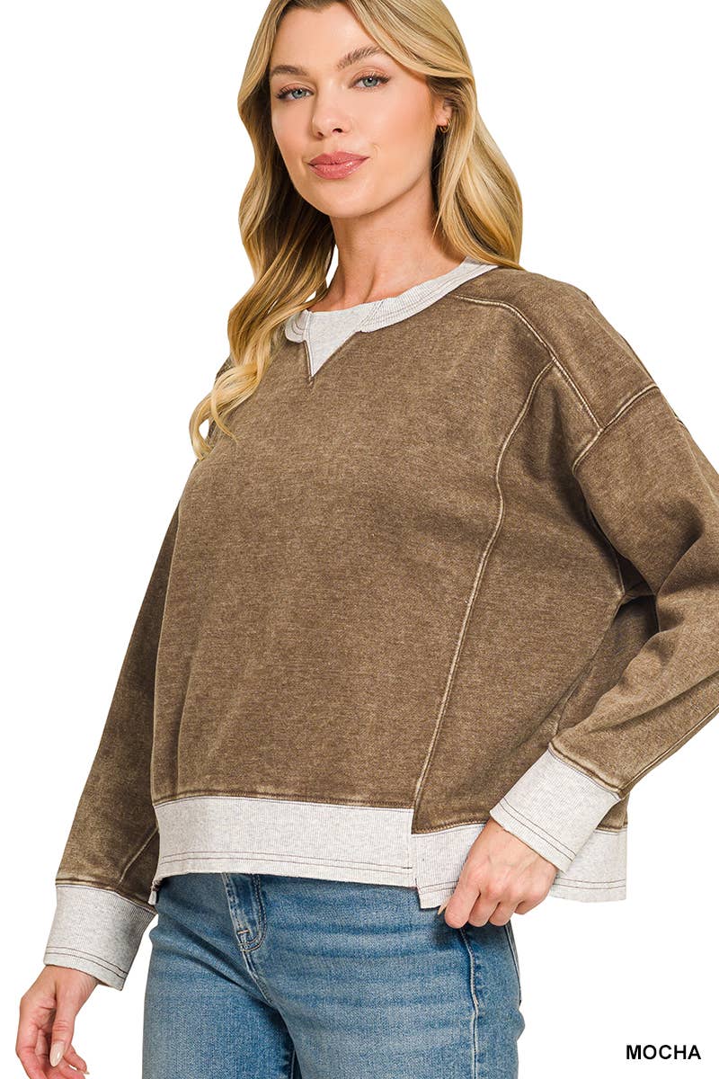 Acid Washed Fleece Contrast Trim Sweatshirts
