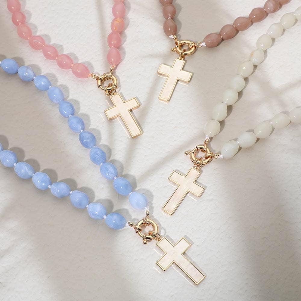 Mother of Pearl Cross Toggle Pendant Beaded Necklace