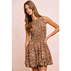 LEOPARD BOW TIE ATTACHABLE PUFF SLEEVES DRESS