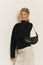RIBBED ROLLED MOCK NECK CROPPED KNIT SWEATER