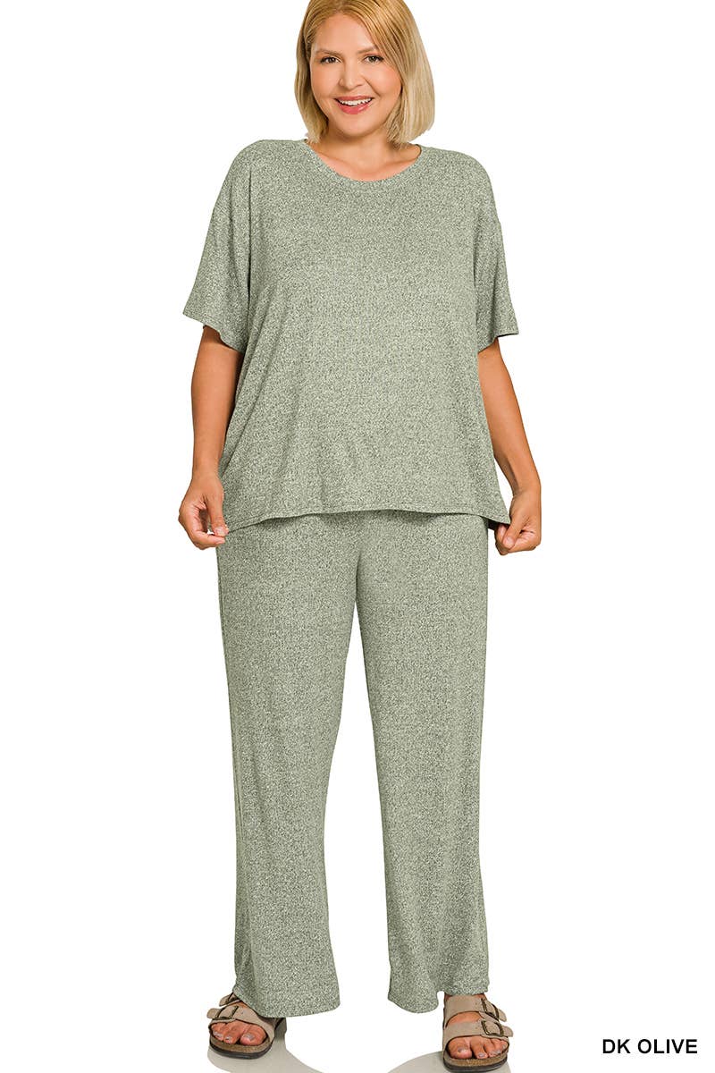 Plus Soft Melange Short Sleeve Tee & Long Pants Set - Zenana