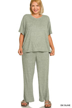 Plus Soft Melange Short Sleeve Tee & Long Pants Set - Zenana