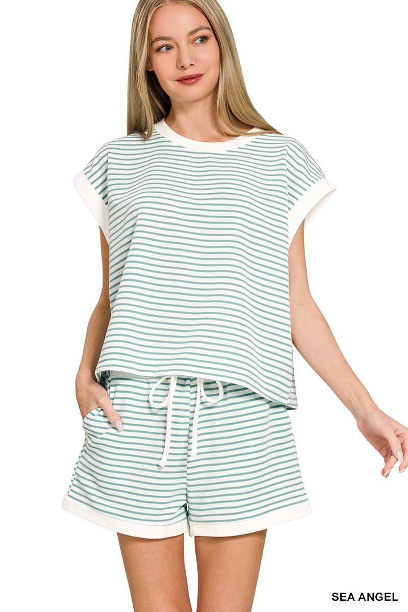 ...Stripe Contrast Trim Top & Shorts Set
