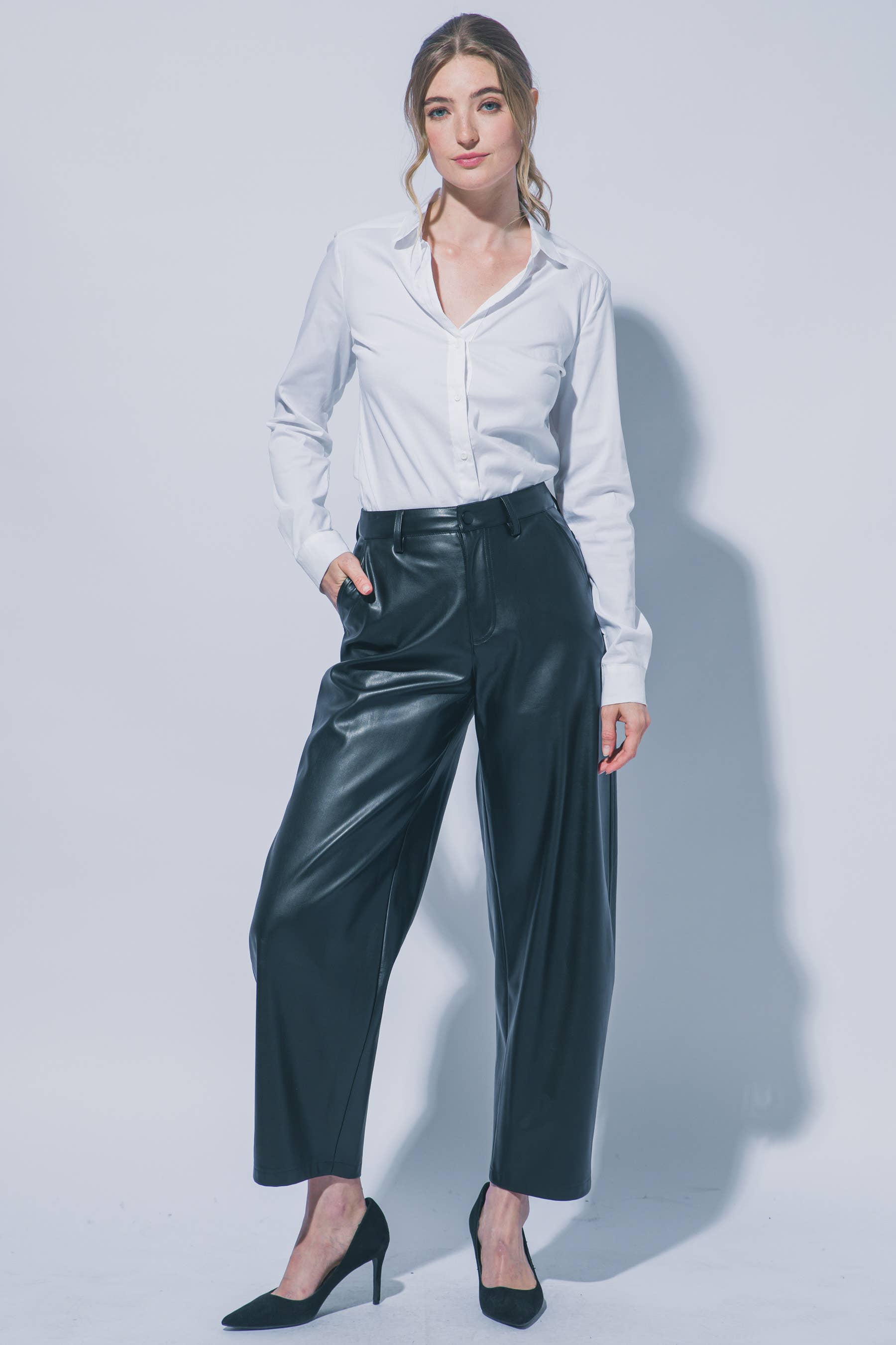 Faux Leather Barrel Leg Pants