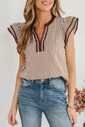 Stripe Double Ruffled Short Sleeve V Neck Blouse