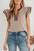 Stripe Double Ruffled Short Sleeve V Neck Blouse