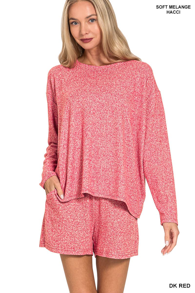 Soft Melange Long Sleeve Tee & Shorts Loungewear Set-Zenana