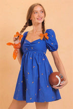 Football Embroidered Game Day Puff Sleeve Dress