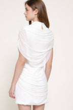 High Neck Shoulder Drape Mesh Mini Dress