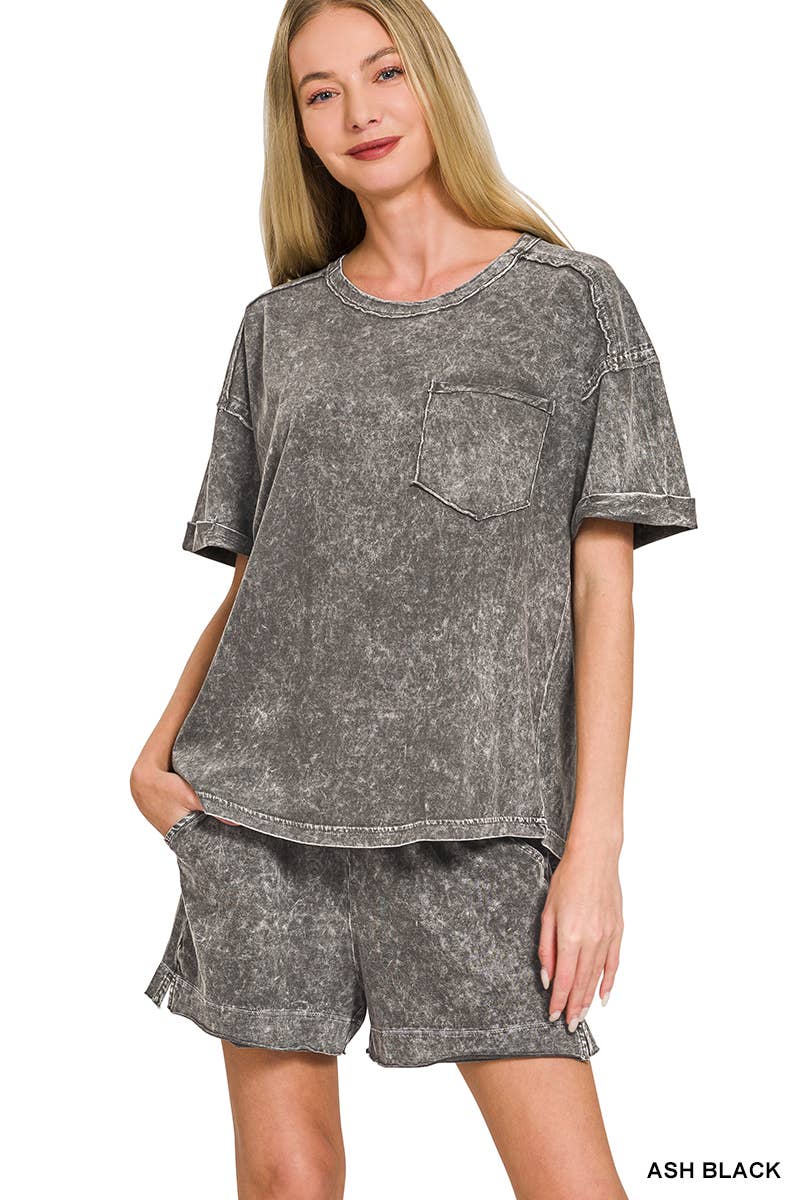 Halo Snow Washed Exposed Seam Top & Shorts Set - Zenana