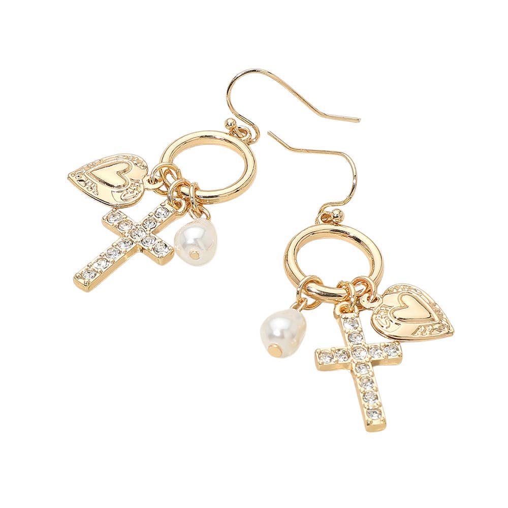 Cross Heart Pearl Charm Drop Dangle Earrings
