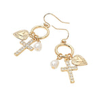 Cross Heart Pearl Charm Drop Dangle Earrings