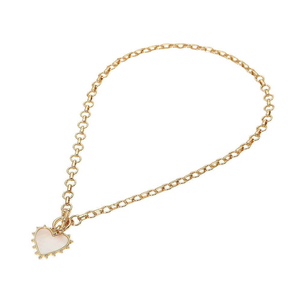 Bead Mother of Pearl Heart Charm Toggle Chain Necklace