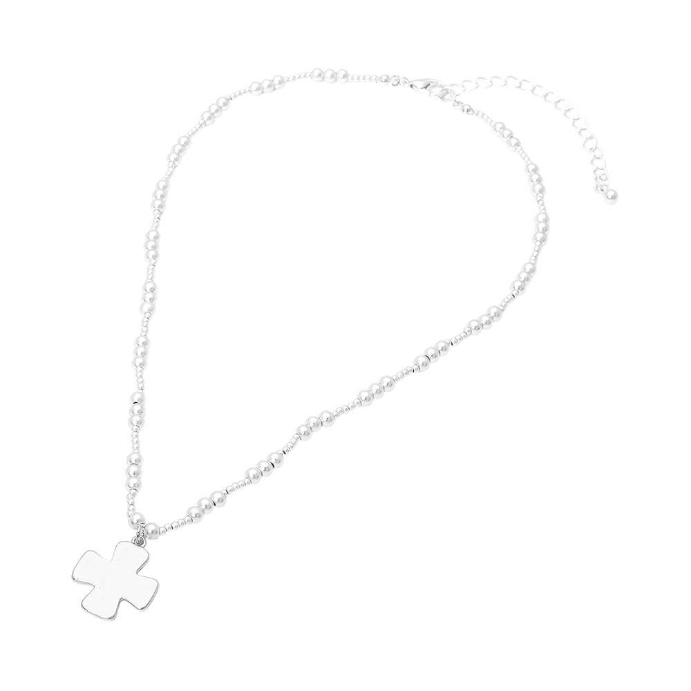 Brushed Hammered Metal Cross Pendant Beaded Chain Necklace