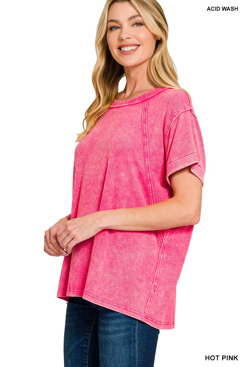 Washed Ribbed Cuffed Short Sleeve Round Neck Top