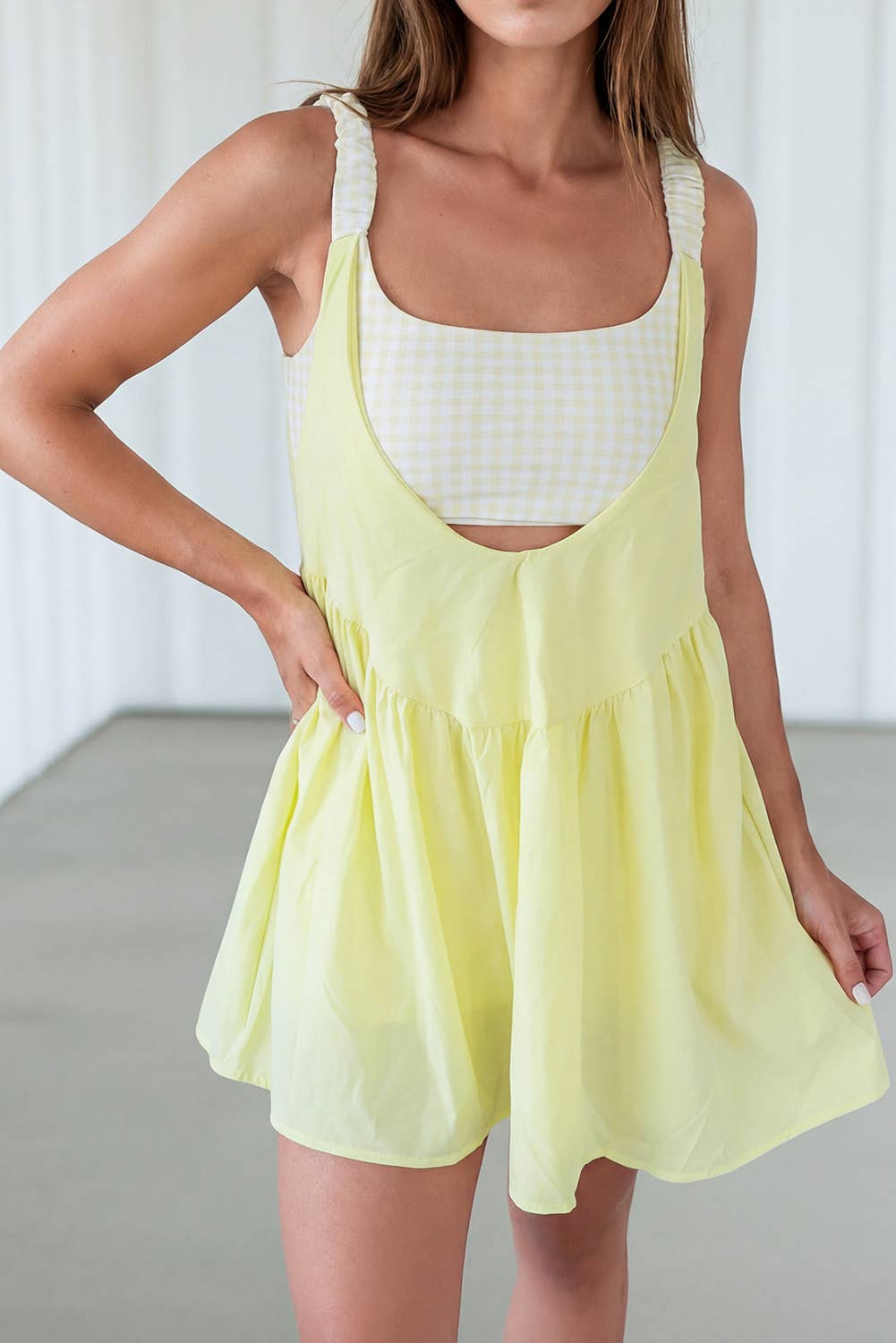 LAS-LIVE Faux Two Piece Gingham Patchwork Mini Dress (S-XL)