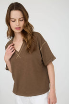 CONTRAST STITCH DROP SHOULDER CUFF SLEEVE KNIT TOP