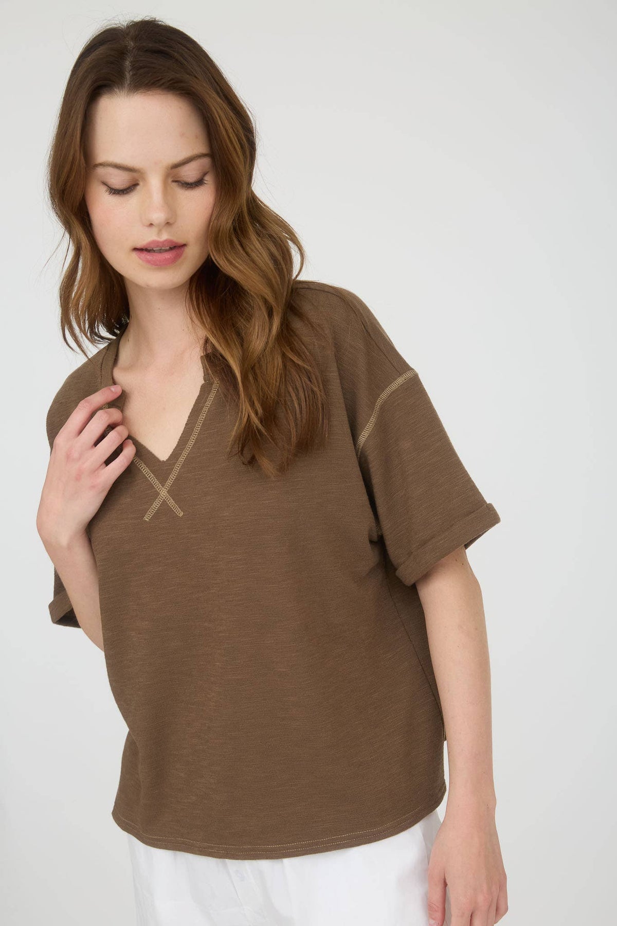CONTRAST STITCH DROP SHOULDER CUFF SLEEVE KNIT TOP