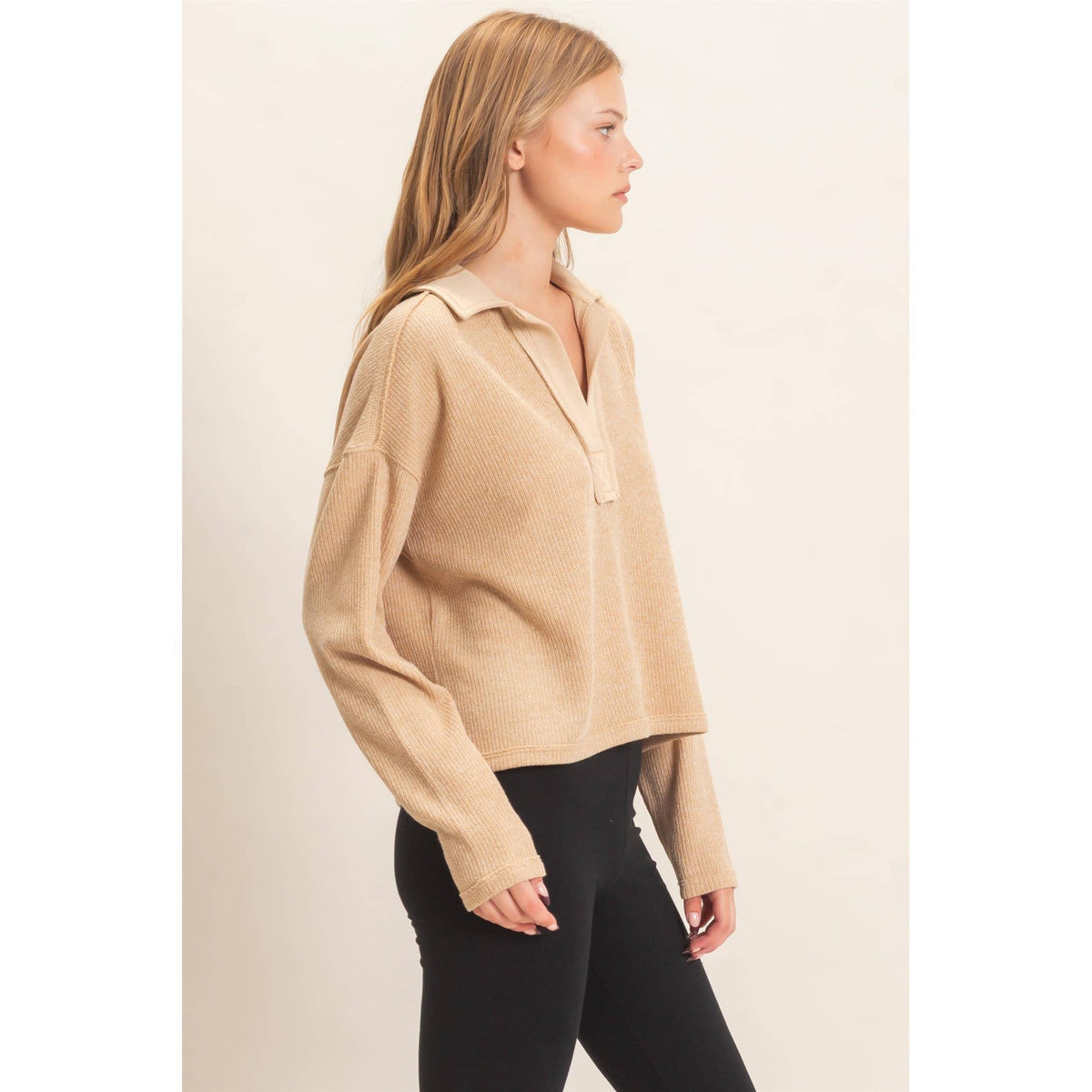 Ribbed Collared Pullover Top