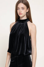 Halter Neck Shirred Hem with Inner Elastic Velvet Top