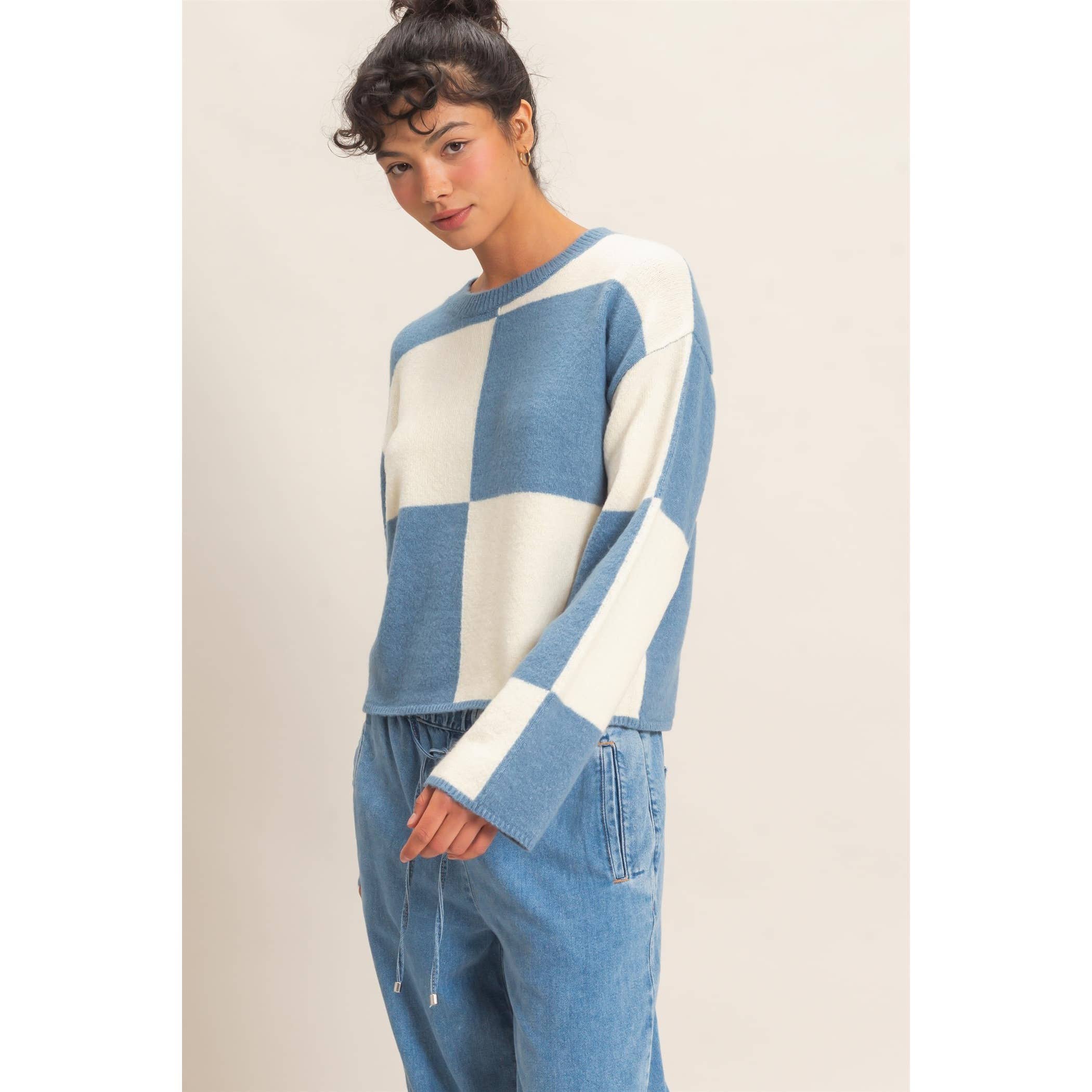 Crew Neck Checkered Sweater