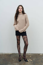 RIBBED ROLLED MOCK NECK CROPPED KNIT SWEATER
