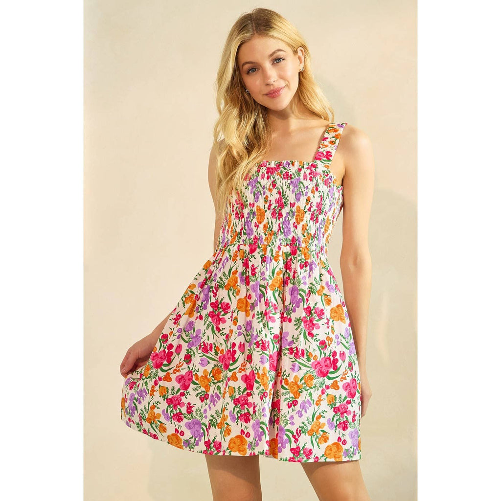 FLOWER PRINT SMOCKED SLEEVELESS MINI DRESS