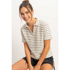 Striped Polo Neck Short Sleeve Top