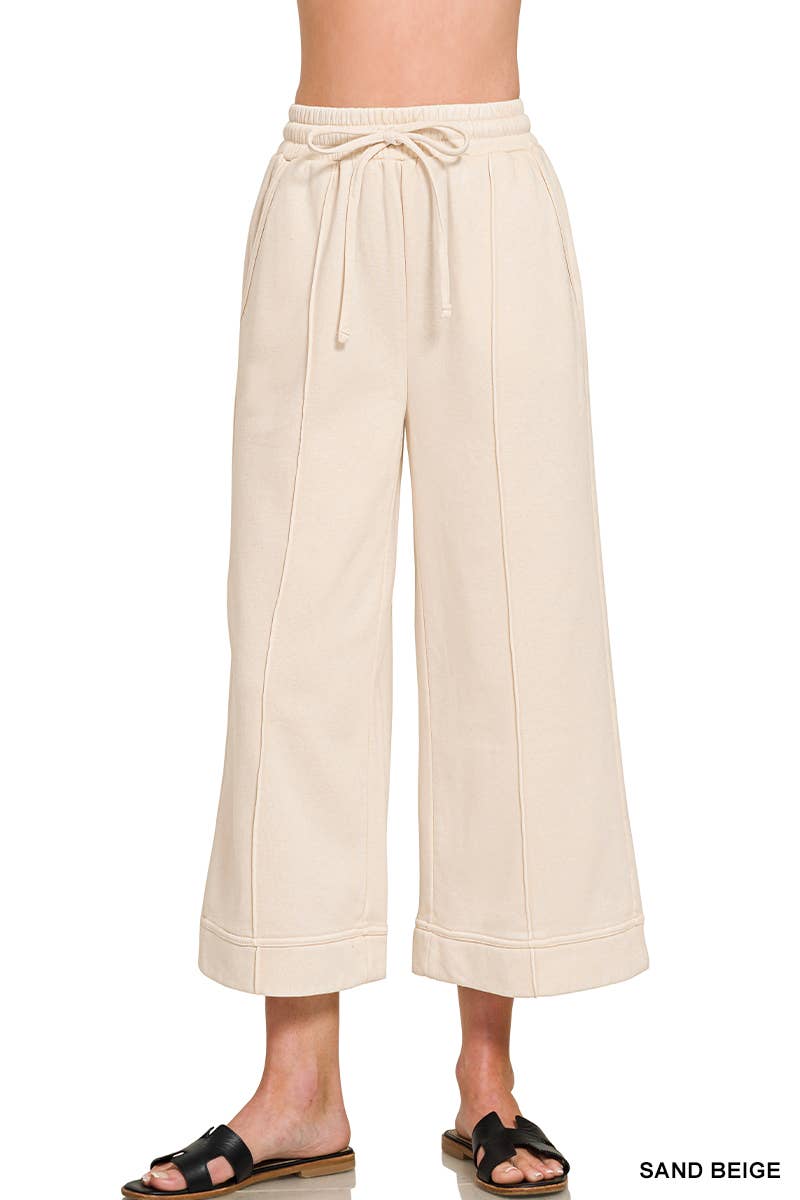 Acid Washed Fleece Pintuck Wide Leg Cropped Pants w/ Pockets