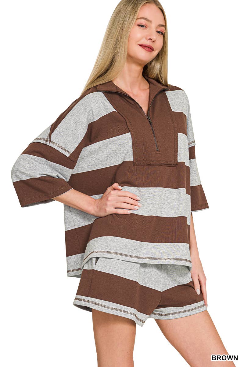 French Terry Striped Half Zip Top & Shorts Set - Zenana