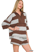 French Terry Striped Half Zip Top & Shorts Set - Zenana