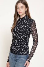 Long Sleeve High Neck Ruched Dot Print Mesh Top