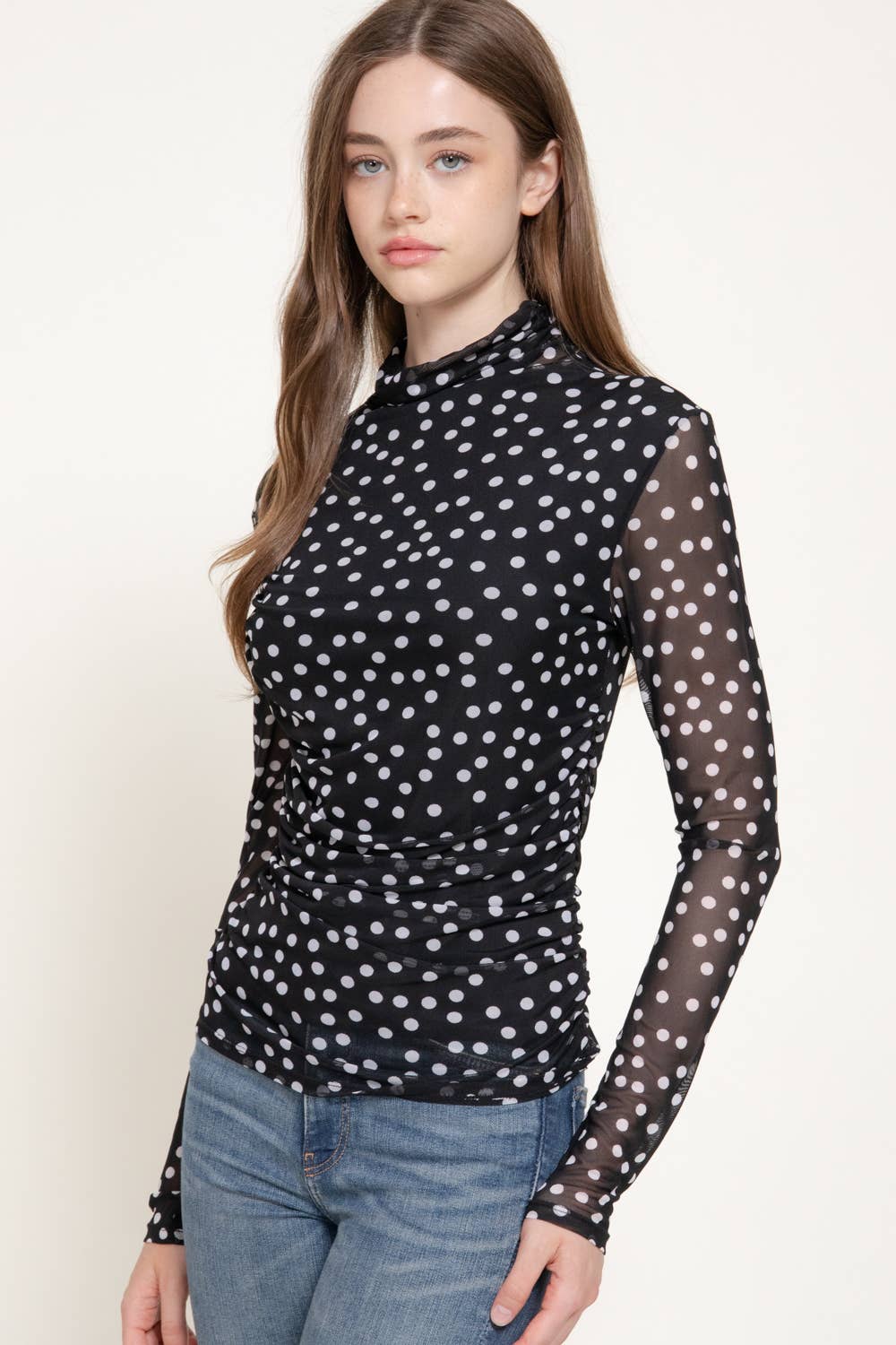 Long Sleeve High Neck Ruched Dot Print Mesh Top
