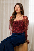 FLORAL CHIFFON SMOCKED LONG SLEEVE BLOUSE