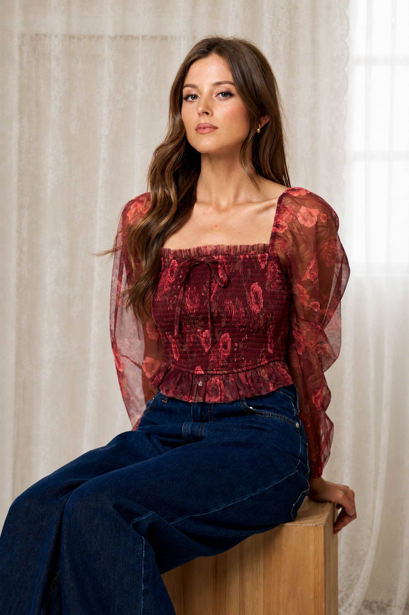 FLORAL CHIFFON SMOCKED LONG SLEEVE BLOUSE