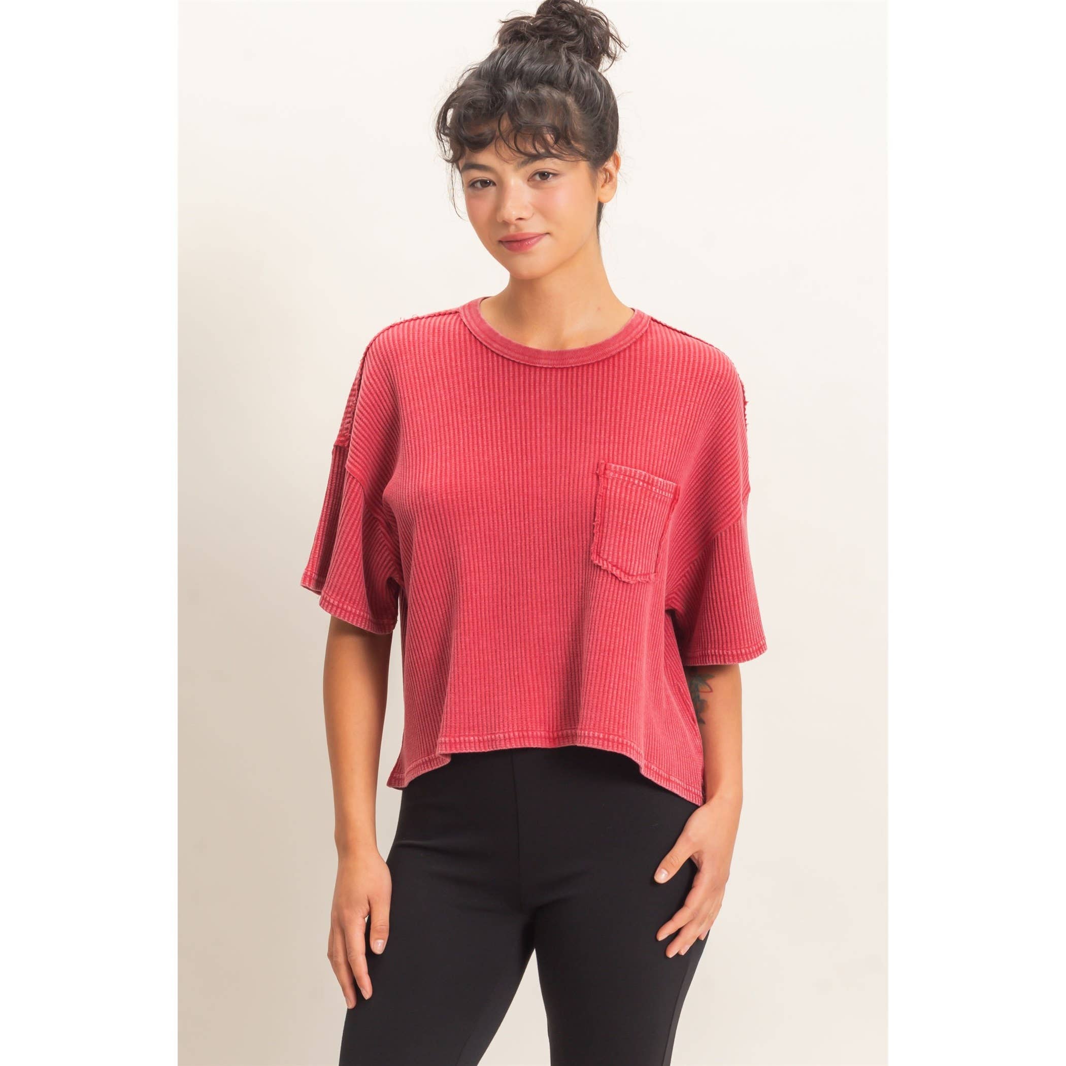 Mineral Wash Waffle Knit Pocket Top