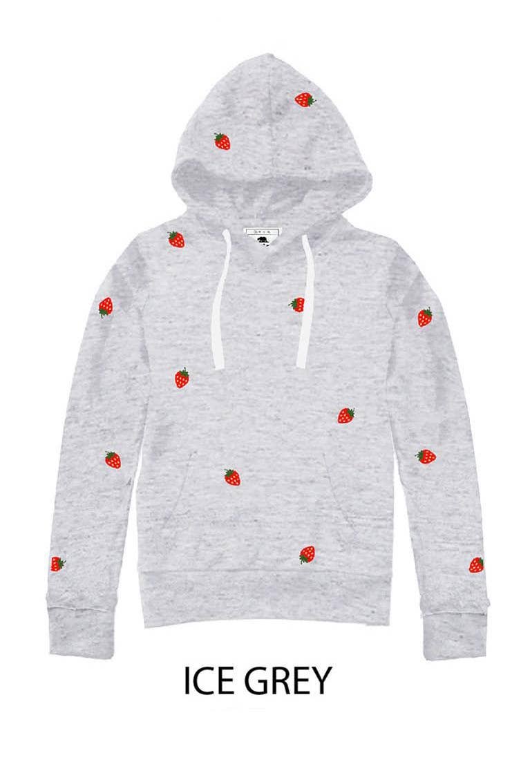 Fleece Pullover Hoodie With Strawberry Embroidery
