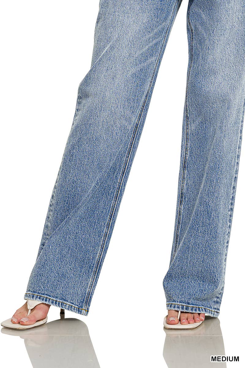 Medium Washed Straight Stretch Denim Pants Zenana