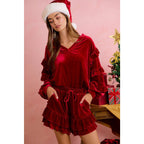HOLIDAY VELVET RUFFLED SLEEVES V NECK TOP