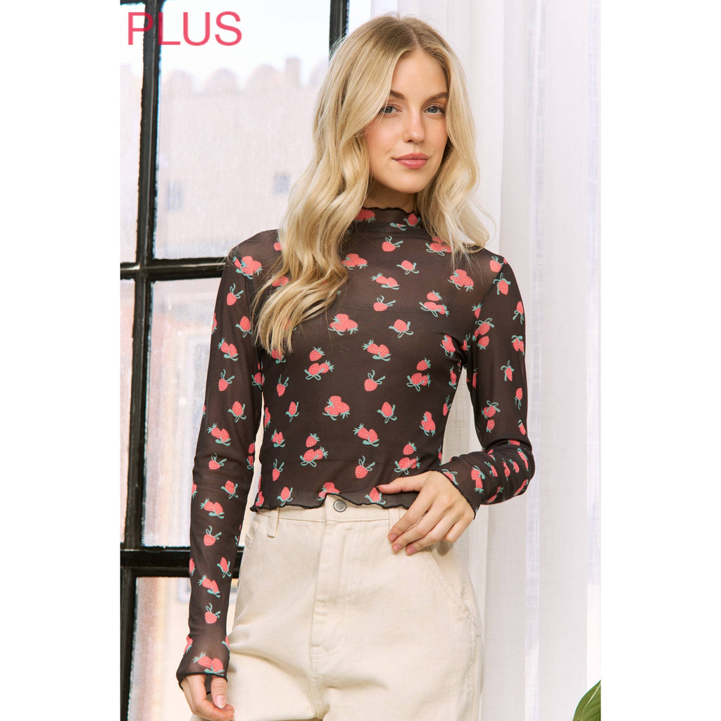 PLUS MESH STRAWBERRY PRINT HIGH NECKLINE CROP TOP