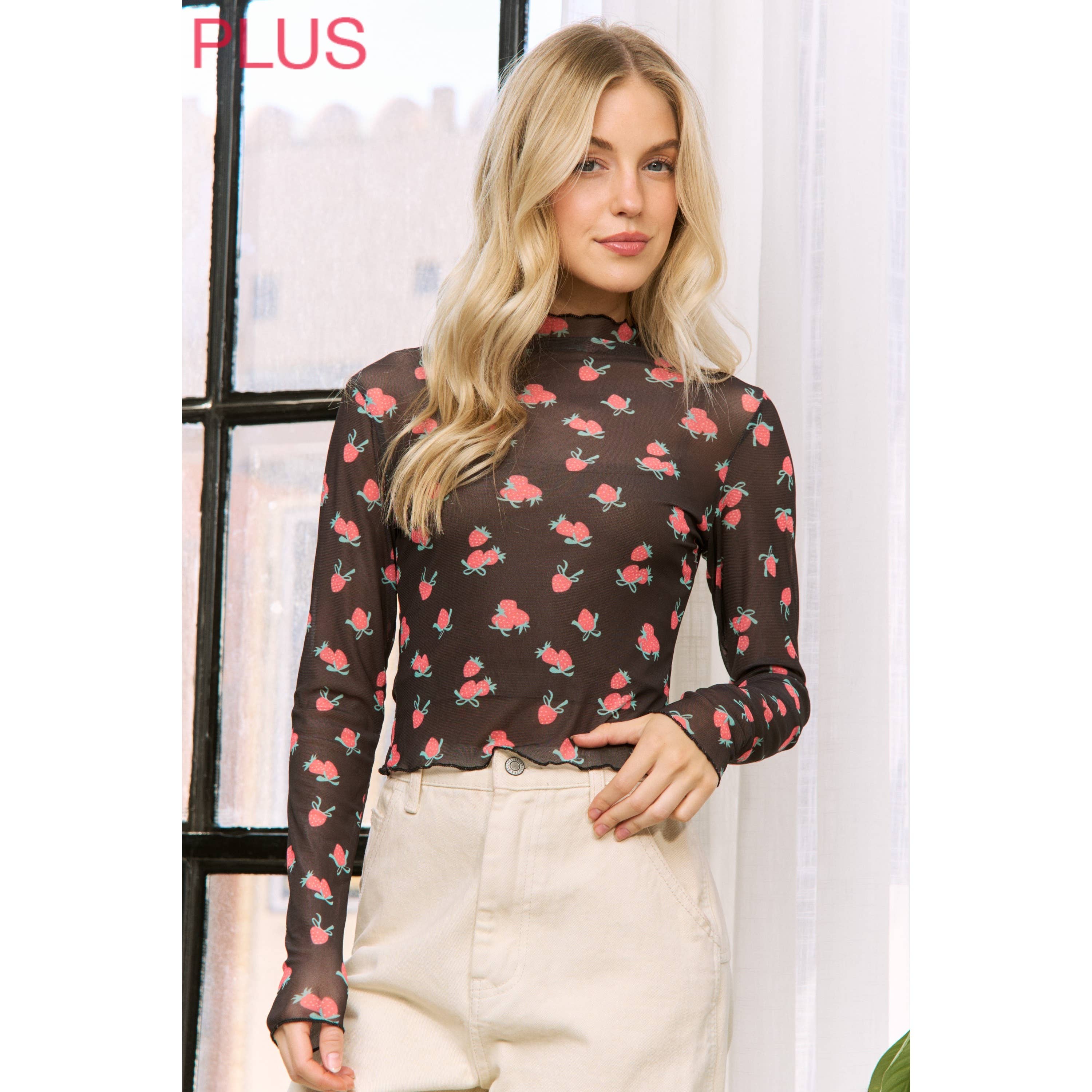 PLUS MESH STRAWBERRY PRINT HIGH NECKLINE CROP TOP
