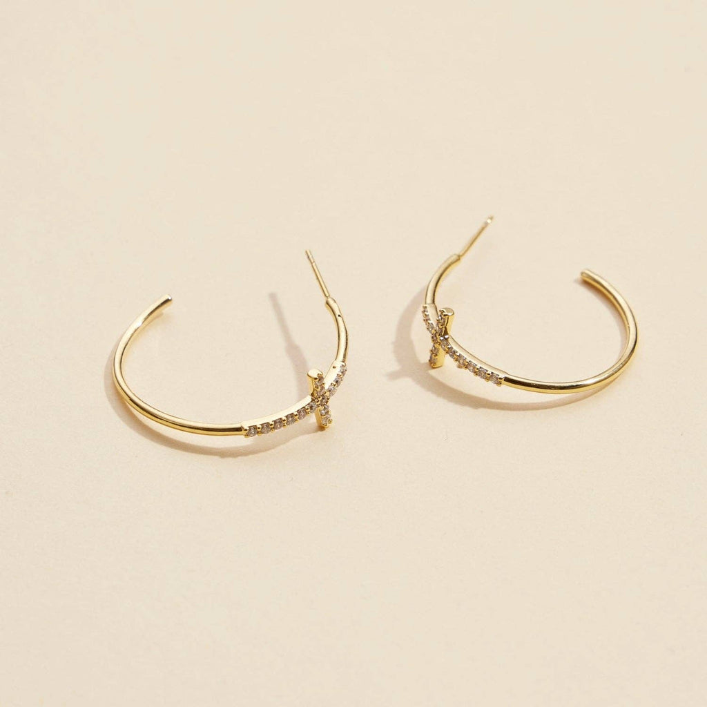 Gold Dipped CZ Cross Open Hoop Earrings