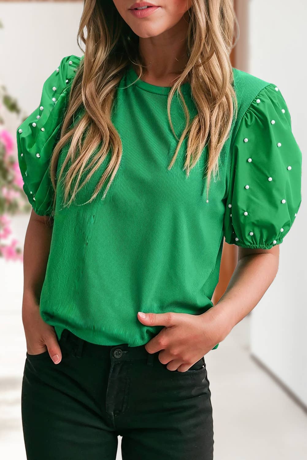 Ribbed Pearl Beaded Bubble Sleeve Top | S-XL