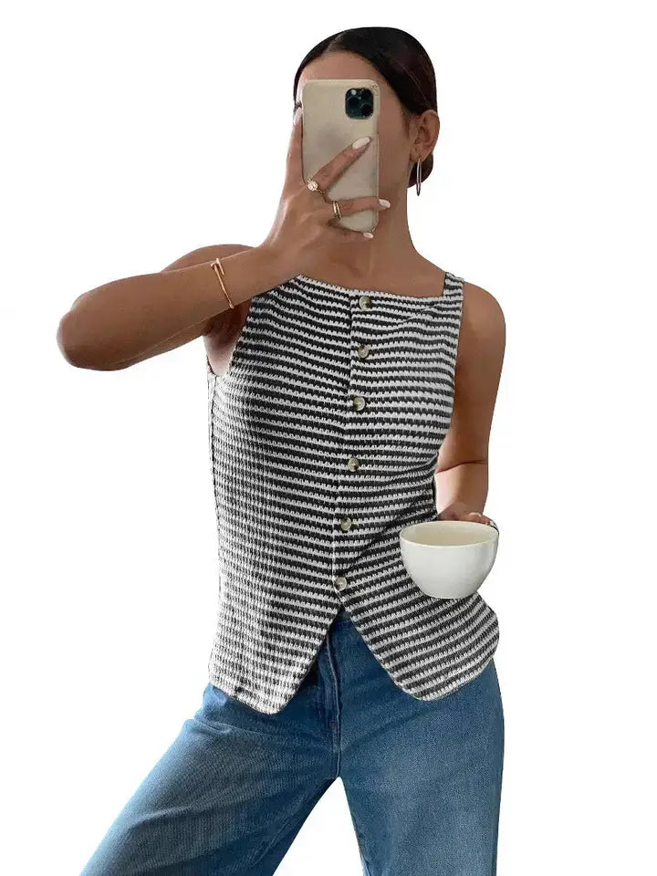 Striped Knit Tank Button Front Sleeveless Casual Summer Top
