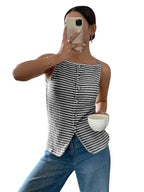 Striped Knit Tank Button Front Sleeveless Casual Summer Top