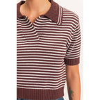 Striped Short Sleeve Collar Knit Top